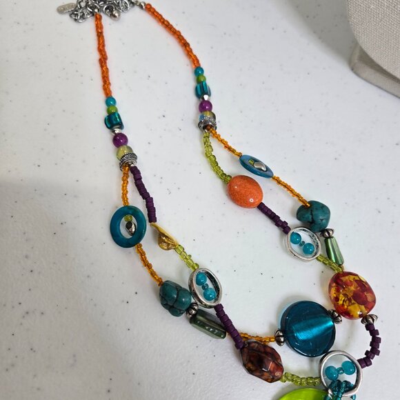 Treska Necklace Earrings Set Fringe Rainbow Shell Long Statement Boho Beaded - Picture 6 of 9